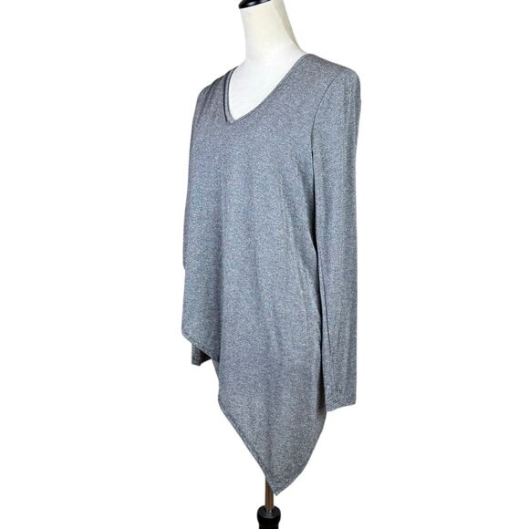 Lola & Sophie Gray Thin Knit Silver Metallic Long Sleeve Asymmetrical Fitted Top - Picture 2 of 12
